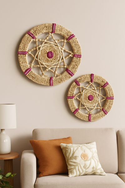 Set of 2 Handcrafted Jute Wall Hanging with Pink Thread Accents – Made in Pakistan (Sindh)