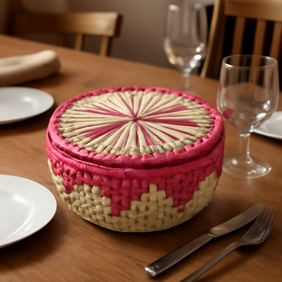 Handwoven Palm Leaf Storage Basket with Lid – Multicolor Design