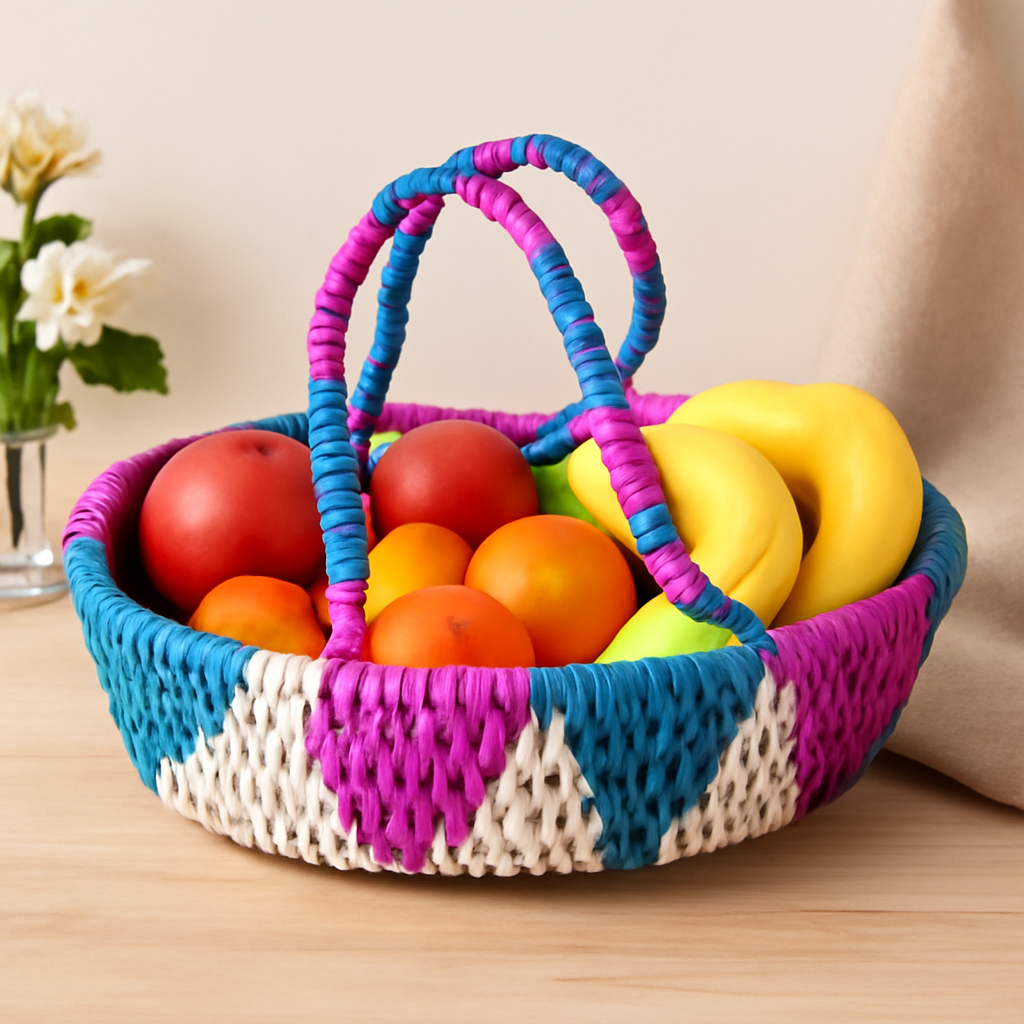 Handwoven Multicolor Palm Leaf Basket with Handle | Made in Pakistan (Sindh)