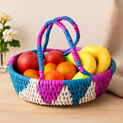 Handwoven Multicolor Palm Leaf Basket with Handle | Made in Pakistan (Sindh)