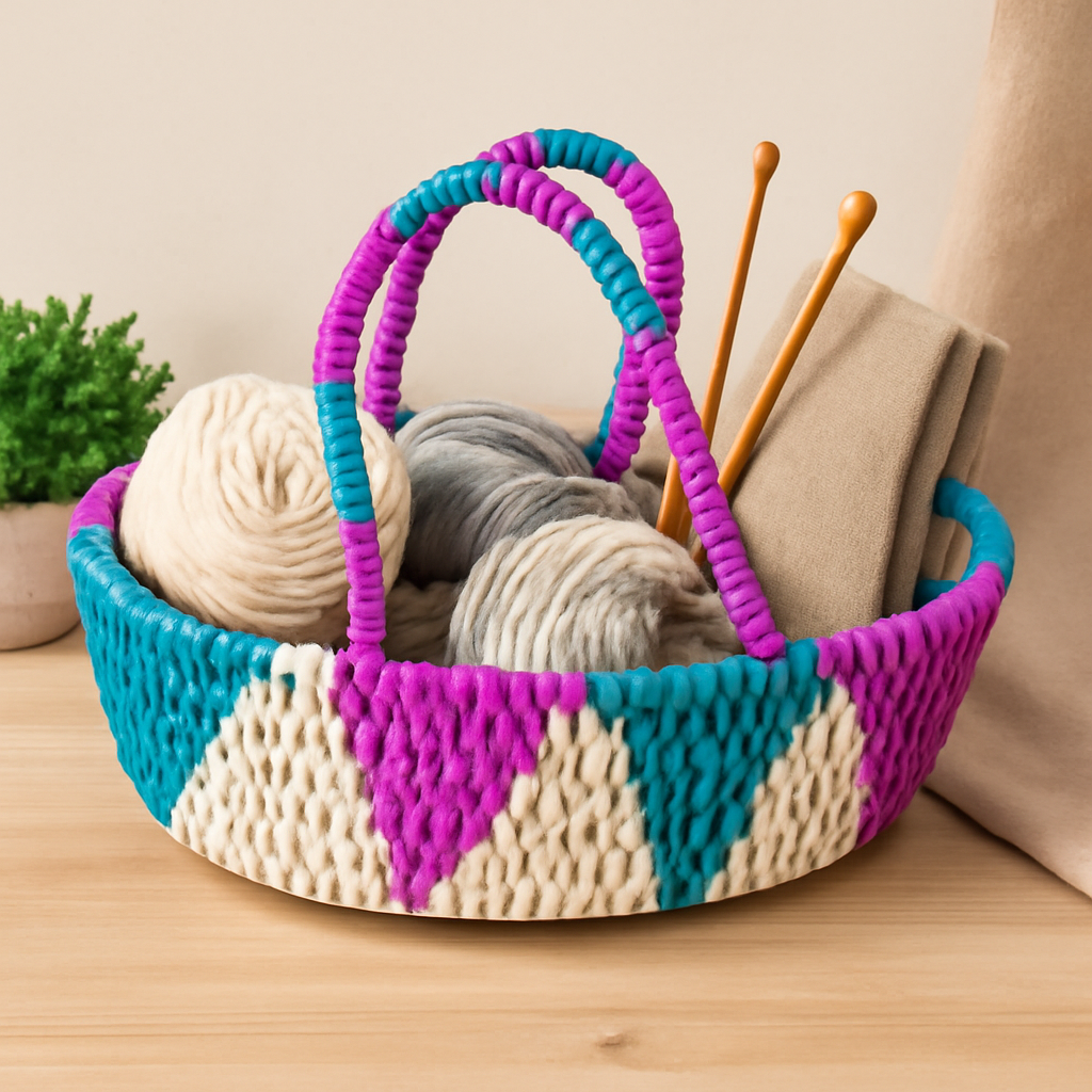 Handwoven Multicolor Palm Leaf Basket with Handle | Made in Pakistan (Sindh)