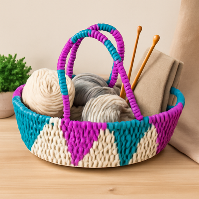 Handwoven Multicolor Palm Leaf Basket with Handle | Made in Pakistan (Sindh)