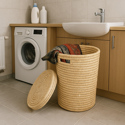 Handwoven Palm Leaf Laundry Basket with Lid - Round Wicker Style