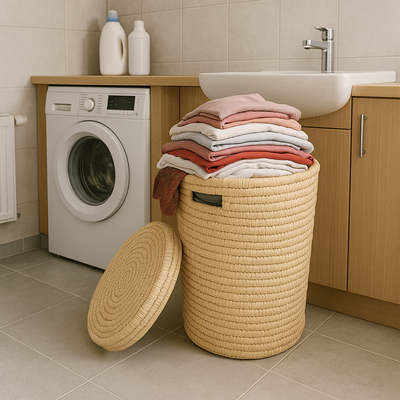Handwoven Palm Leaf Laundry Basket with Lid - Round Wicker Style