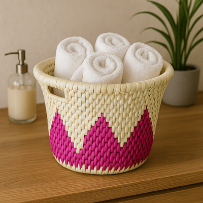 Handwoven Palm Leaf Multipurpose Basket - White & Magenta Zigzag