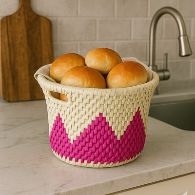 Handwoven Palm Leaf Multipurpose Basket - White & Magenta Zigzag