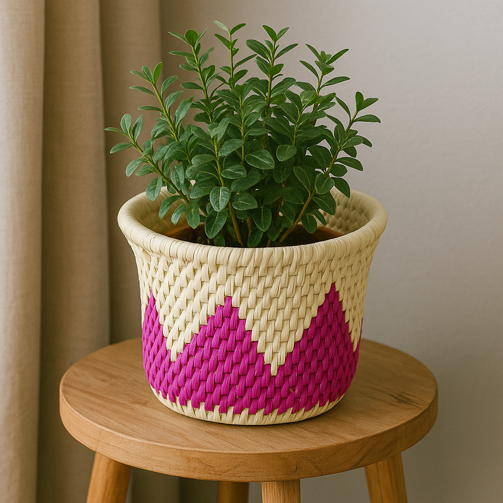 Handwoven Palm Leaf Multipurpose Basket - White & Magenta Zigzag