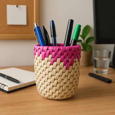 Handwoven Palm Leaf Vase – Natural Beige with Pink Accent