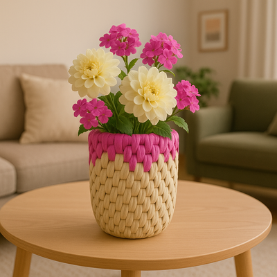 Handwoven Palm Leaf Vase – Natural Beige with Pink Accent