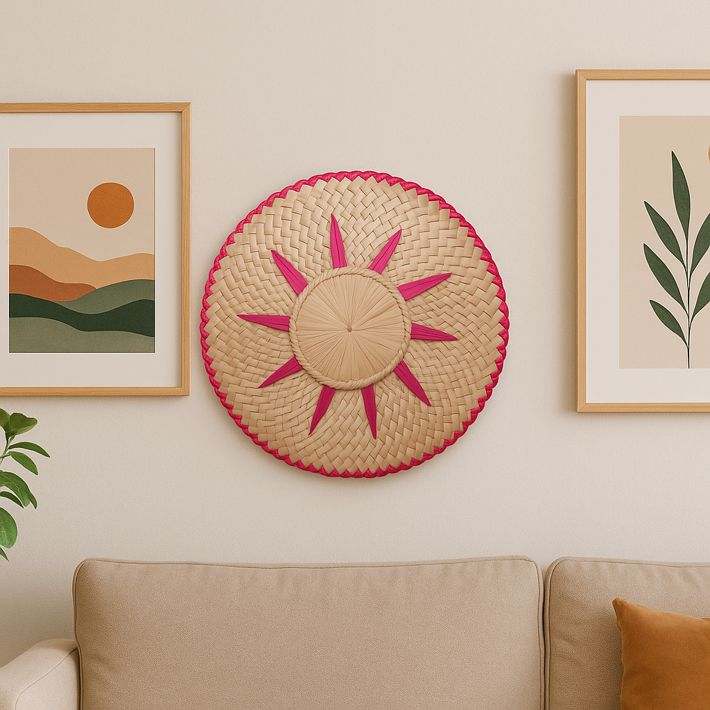 Handwoven Palm Leaf Wall Plate – Sunburst Design with Pink Accents