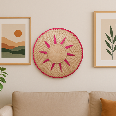 Handwoven Palm Leaf Wall Plate – Sunburst Design with Pink Accents