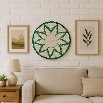 Round Woven Wall Decor with Green Pattern
