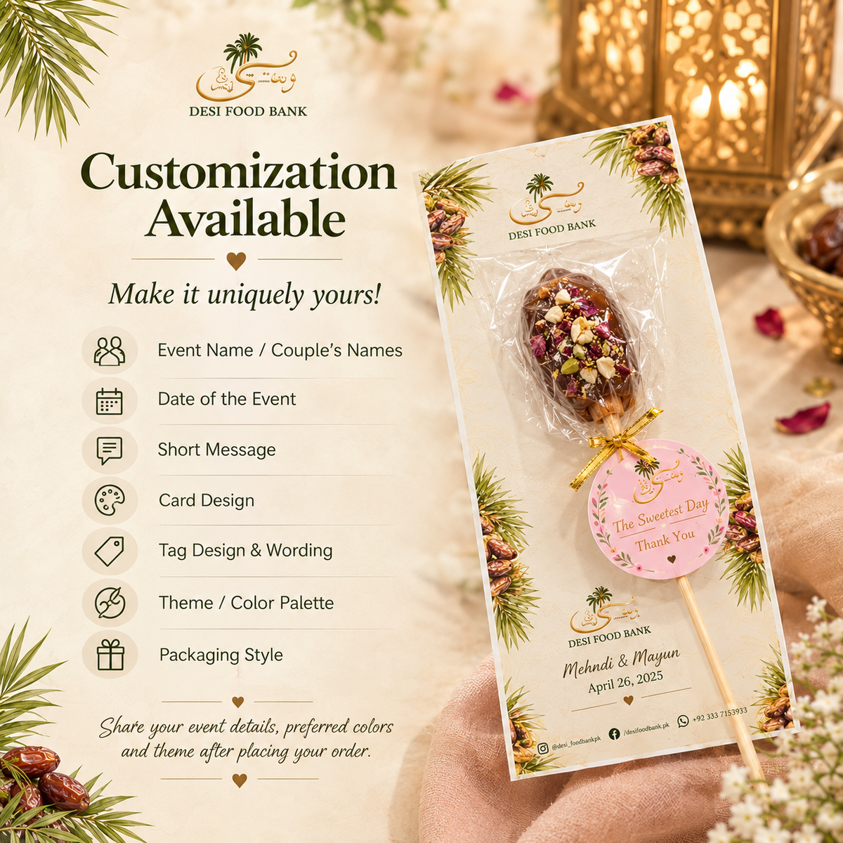 Personalized Stuffed Dates Favors | Custom Date Lollipops | Wedding & Event Favors | Pinteresty Date Gifts | Mehndi, Nikkah & Baby Shower