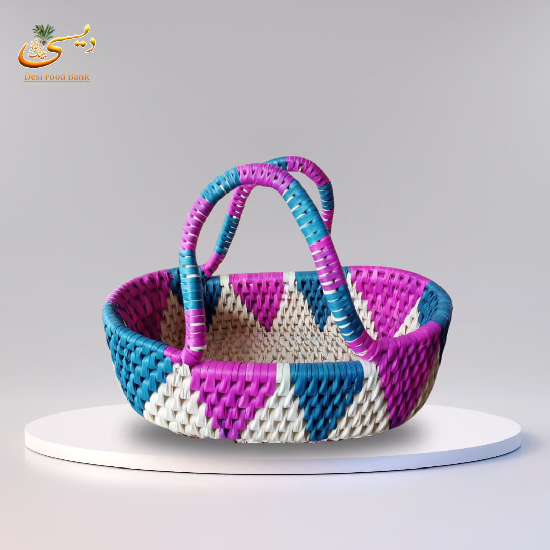 Handwoven Multicolor Palm Leaf Basket with Handle | Made in Pakistan (Sindh)