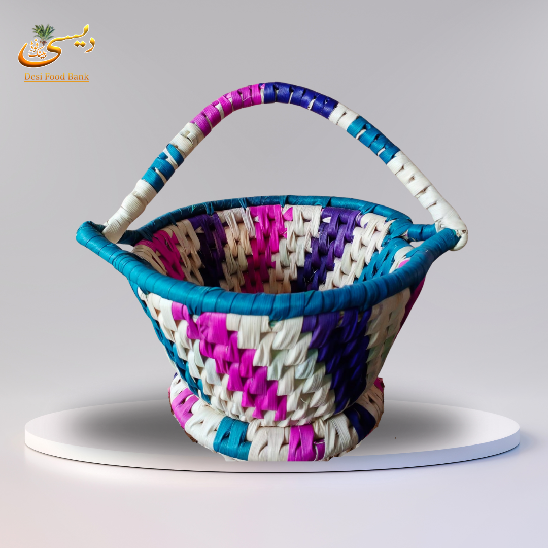 Handwoven Palm Leaf Basket with Colorful Stripes | Made in Pakistan (Sindh)