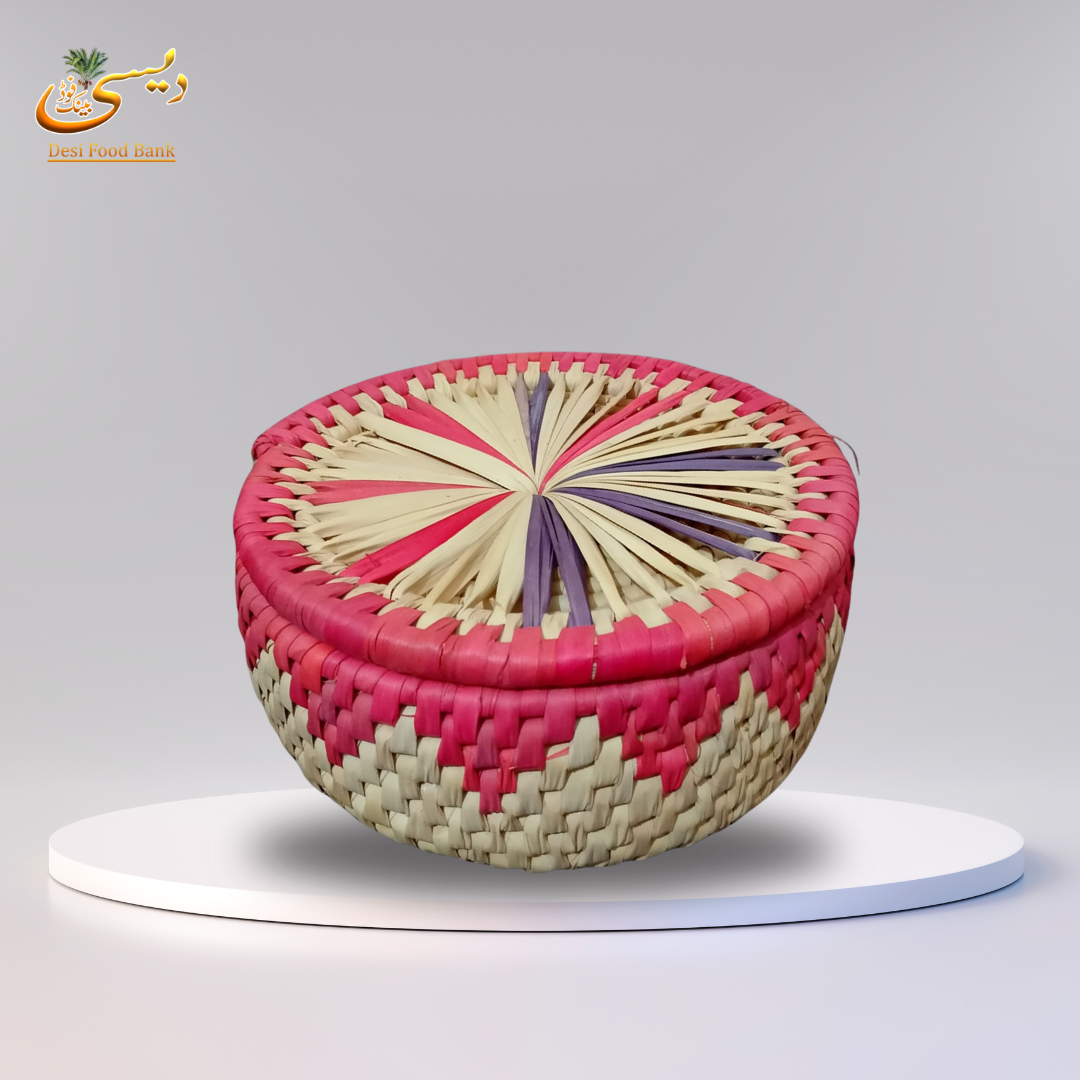 Handwoven Palm Leaf Storage Basket with Lid – Multicolor Design