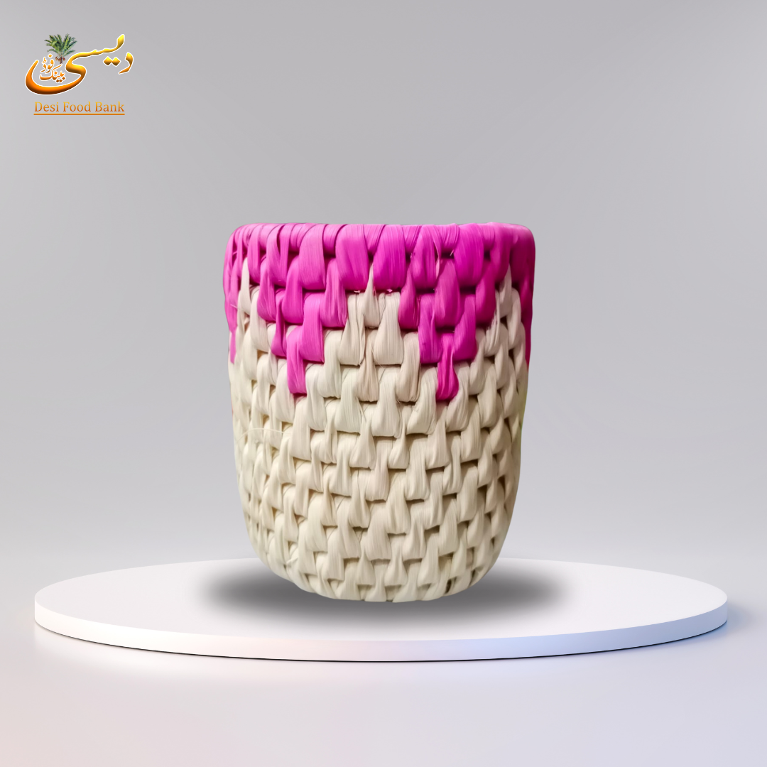 Handwoven Palm Leaf Vase – Natural Beige with Pink Accent
