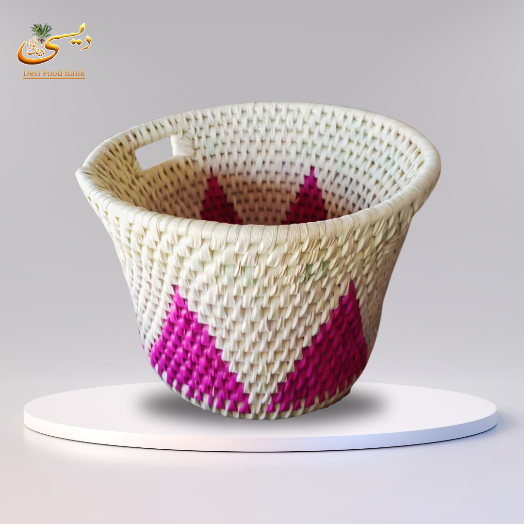 Handwoven Palm Leaf Multipurpose Basket - White & Magenta Zigzag