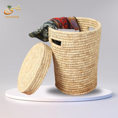 Handwoven Palm Leaf Laundry Basket with Lid - Round Wicker Style